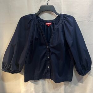 STAUD Navy New Dill Cotton Poplin 3/4 Puff Sleeve Blouse Size Small